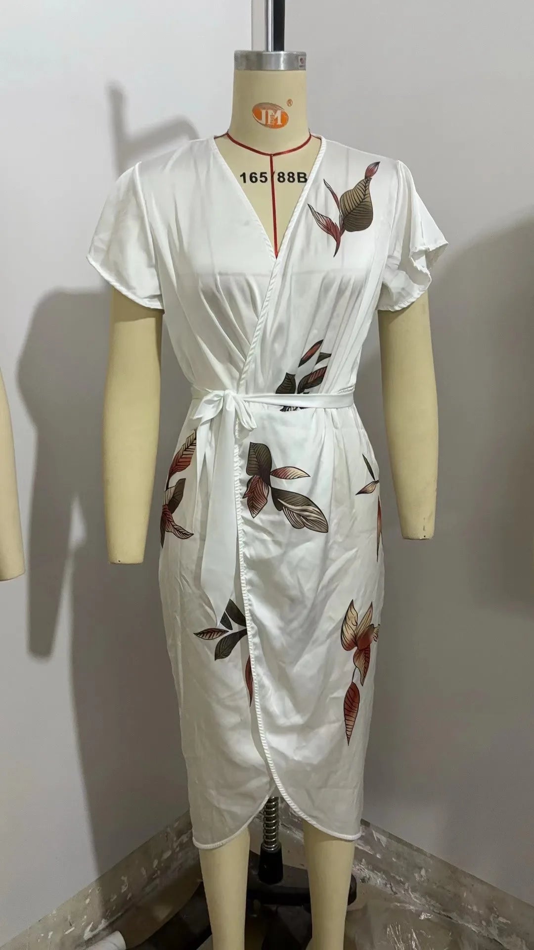 White Leaf Satin Sheath Midi Dress