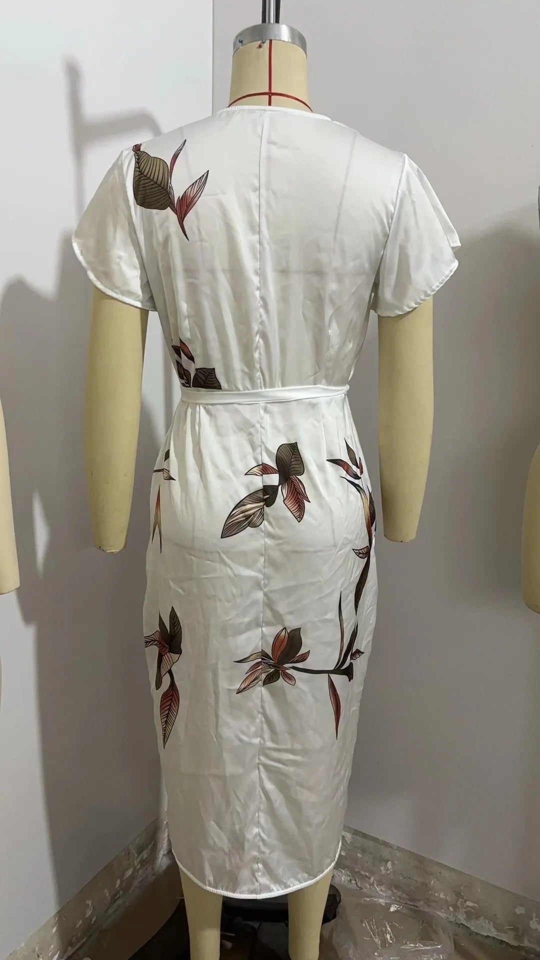 White Leaf Satin Sheath Midi Dress