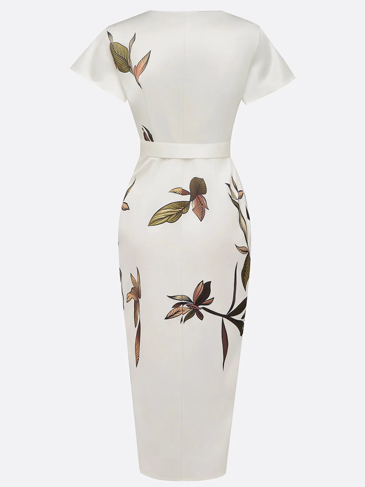 White Leaf Satin Sheath Midi Dress