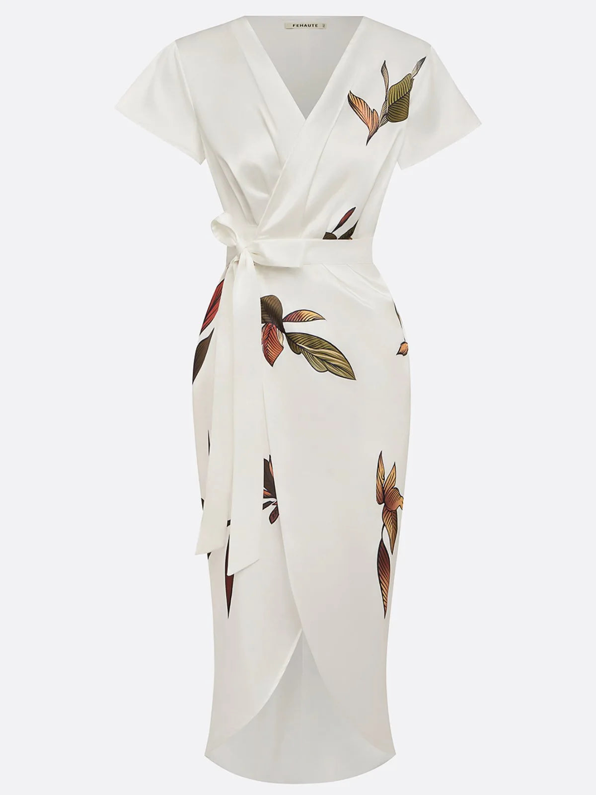White Leaf Satin Sheath Midi Dress