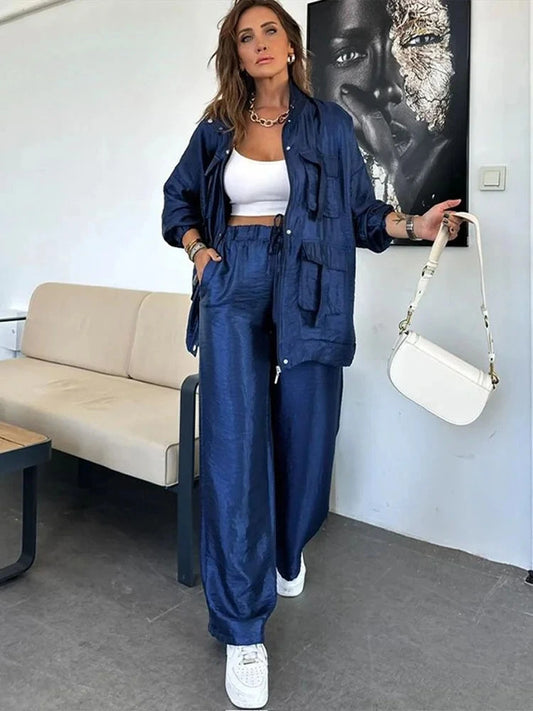 Solid Utility Jacket & Drawstring Pants Set