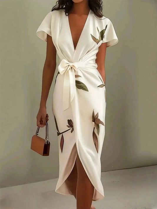 White Leaf Satin Sheath Midi Dress