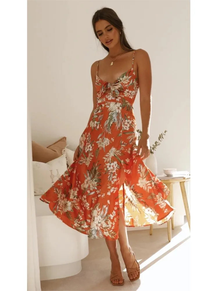 Das Elara | Midikleid aus geblümtem Satin mit Bindeband