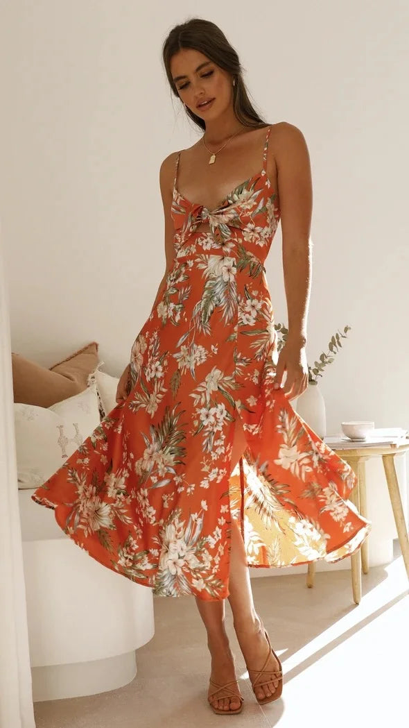 Das Elara | Midikleid aus geblümtem Satin mit Bindeband
