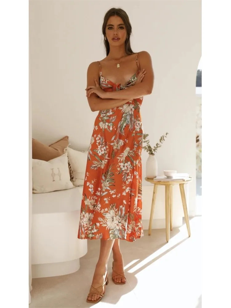 Das Elara | Midikleid aus geblümtem Satin mit Bindeband