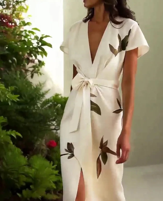 White Leaf Satin Sheath Midi Dress