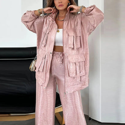 Set aus einfarbiger Utility-Jacke und Hose mit Kordelzug
