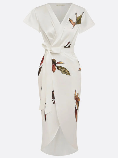White Leaf Satin Sheath Midi Dress